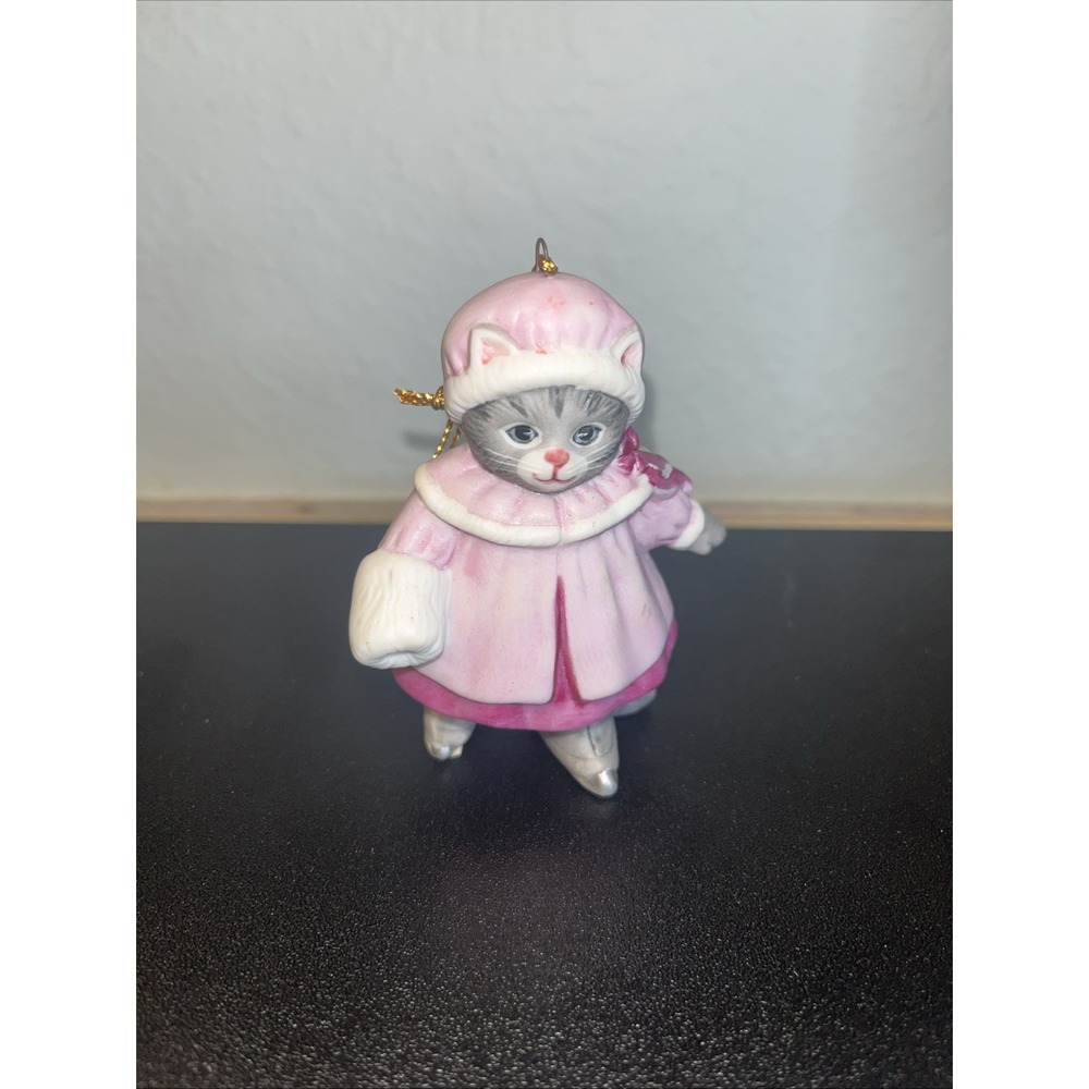 Kitty Cucumber holiday ornament, 1985, Schmid, pink cloak & muff, B. Shackman